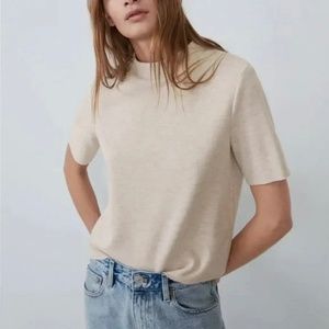 Zara Trafaluc Beige Mock Neck Short Sleeve Knit Top Size Small S